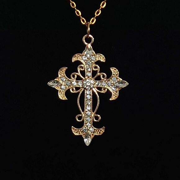Gold-Tone Rhinestone Cross Pendant Necklace, 18" - Picture 2 of 3